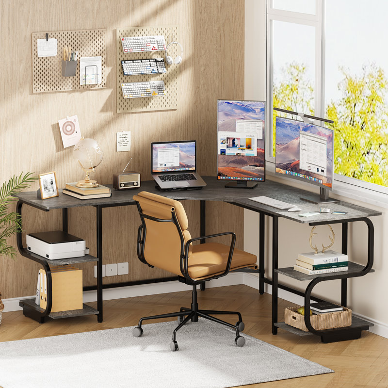 L Shaped Desk With Shelves, Reversible Corner Computer Desk, 64.84" Executive Desk, Gray/Black