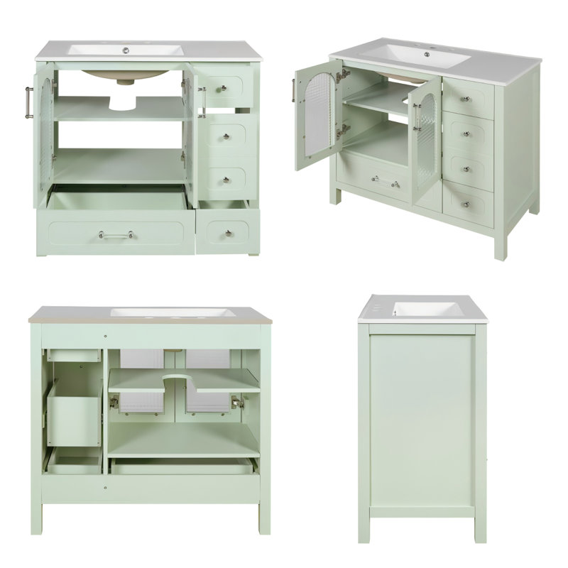 Meuble-lavabo 72 po avec lavabo double 72 po, 8 tiroirs, 4 portes à fermeture douce et portes en verre texturé gaufré vert moderne