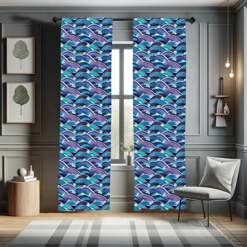 Pale Blue Navy Polyester Room-Darkening Rod Pocket Curtain Panels