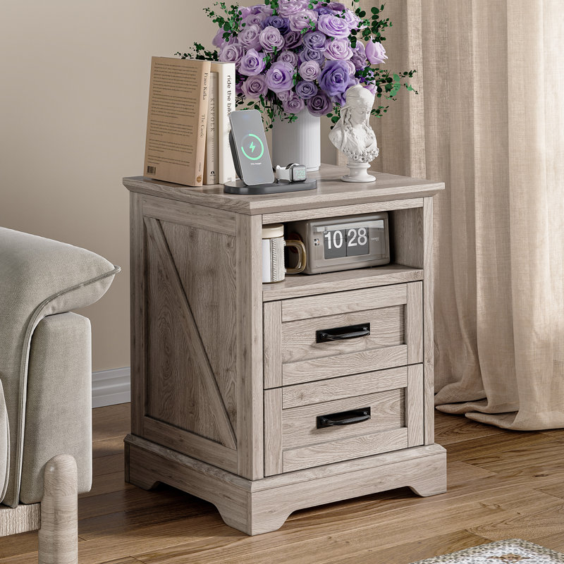Farmhouse Nightstand with Charging Station, 2 Drawers Bed Side Table, 18 inch Wide End Table for Bedroom, Living Room, Gray