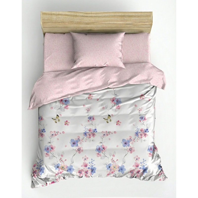 Ensemble de housse de couette 100% coton Ranforce, rose, blanc et mauve, housse de couette 61 x 79, taie d'oreiller 20 x 31 | Lavable à la machine, 145 fils, fermeture à boutons | Literie douce, durable et élégante pour le confort