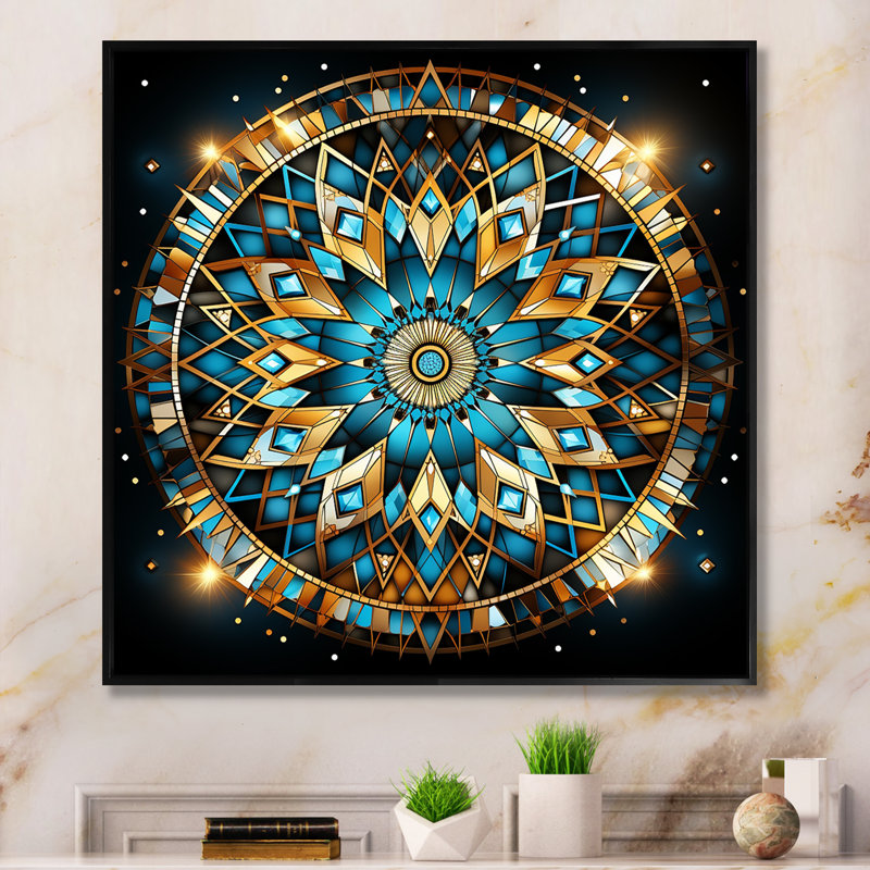 Art mural mandala II bleu et doré, Encadrement doré, H 36 po x l 36 po