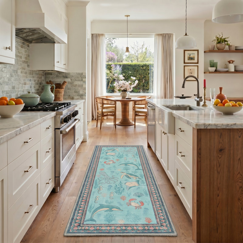 Marina Coastal Machine Washable Blue / Pink Indoor Area Rug with Non-Slip Backing, Runner 2' x 7'