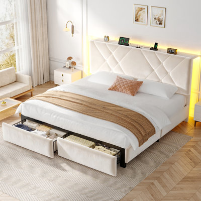 Structure de lit en velours pour grand lit avec tête de lit réglable et lumière DEL, cadre de lit plateforme avec 2 tiroirs de rangement et station de charge