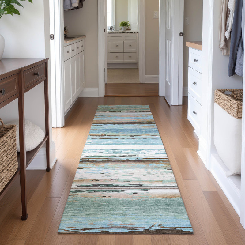 Premium Machine Washable Mayfield AMF2243 Striped Rug, Blue, 2'3" x 7'6" Runner