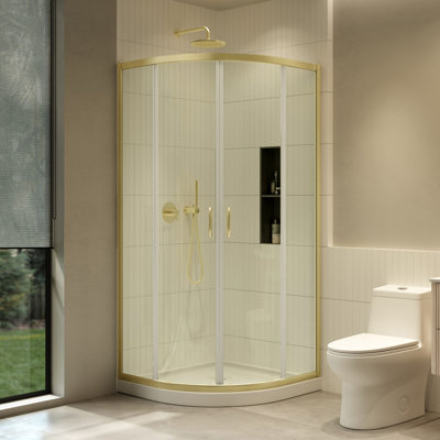 Breeze Quadrant 36 in. L x 36 in. W x 75.63 in. H Neo-Round Corner Shower Kit in Brushed Gold, Clear Sliding Doors and Pan