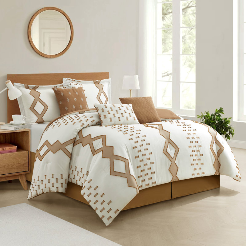 Pantissa Geometric 7 Piece Comforter Set, King Comforter + 6 Additional Pieces, White/Taupe
