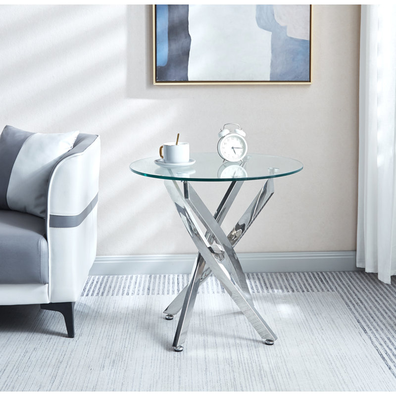 Table de bout moderne en verre trempé avec pieds chromés