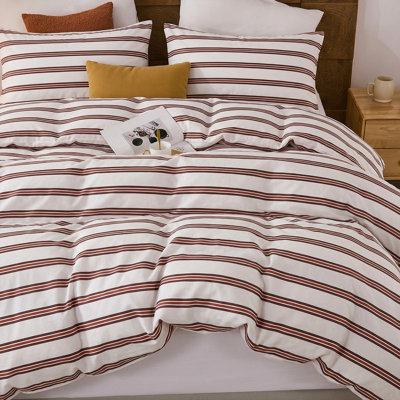 Ensemble de housse de couette pour grand lit, gaze double 100% coton, literie en mousseline à rayures verticales brun bleu, ensemble de literie de ferme rétro respirant doux, 3 pièces