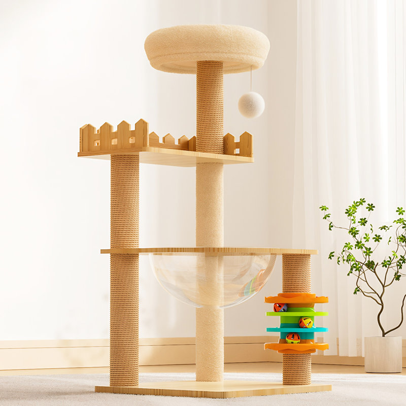 Tour pour chat de 39,3 po pour chats d'intérieur: structure en bois avec poteaux couverts, perchoir spacieux, acrylique et ludique | Arbre de style contemporain pour petits chats au fini naturel et blanc