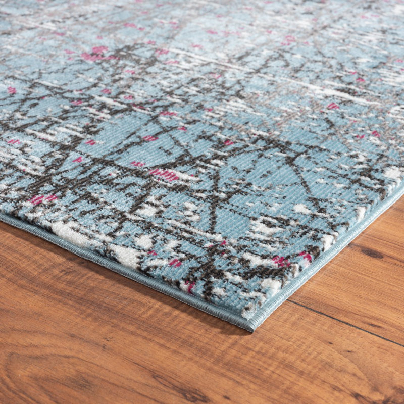 Tapis bleu / rose / noir Krikorian, Rectangle 7 pi 6 po x 9 pi 6 po