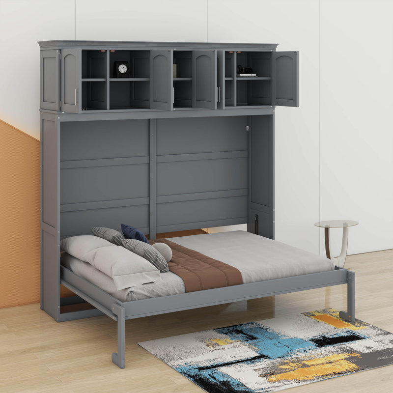 Lit escamotable avec armoires supérieures Murphy, Gris, Lit double