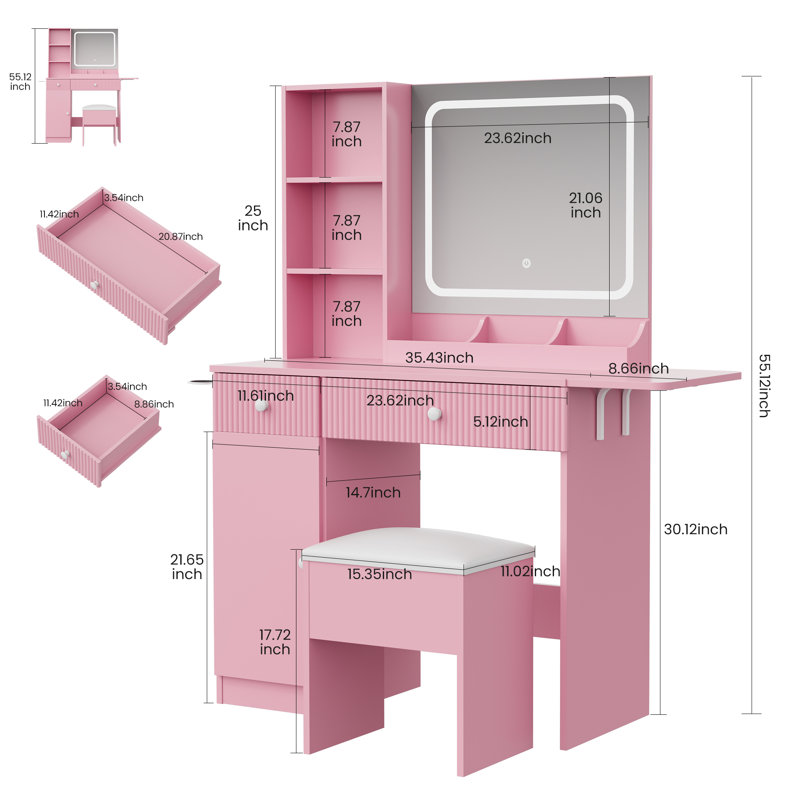 Meuble-lavabo de bureau pliable avec miroir lumineux, éclairage DEL réglable et multiprise intégrée, Pink