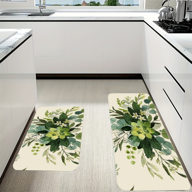 Eucalyptus Leaf Kitchen Mats for Kitchen Bathroom, 2 PC, Green