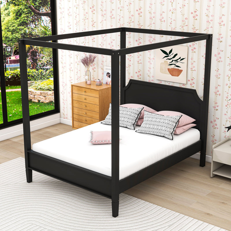 Wood Canopy Platform Bed with Headboard, Black, Queen