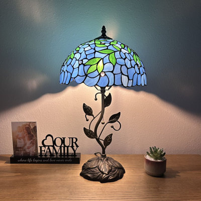 Meryem Tiffany Table Lamp Blue Stained Glass Green Leaves Included LED Bulb 22"H*12"W*12"D
