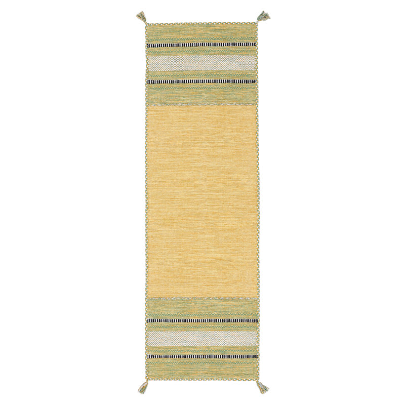 Azizi Striped Hand Woven Cotton Yellow Rug, Runner 80 x 300cm