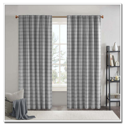 Plaid Rod Pocket and Back Tab Curtain Panel with Fleece Lining Grey 50x84"