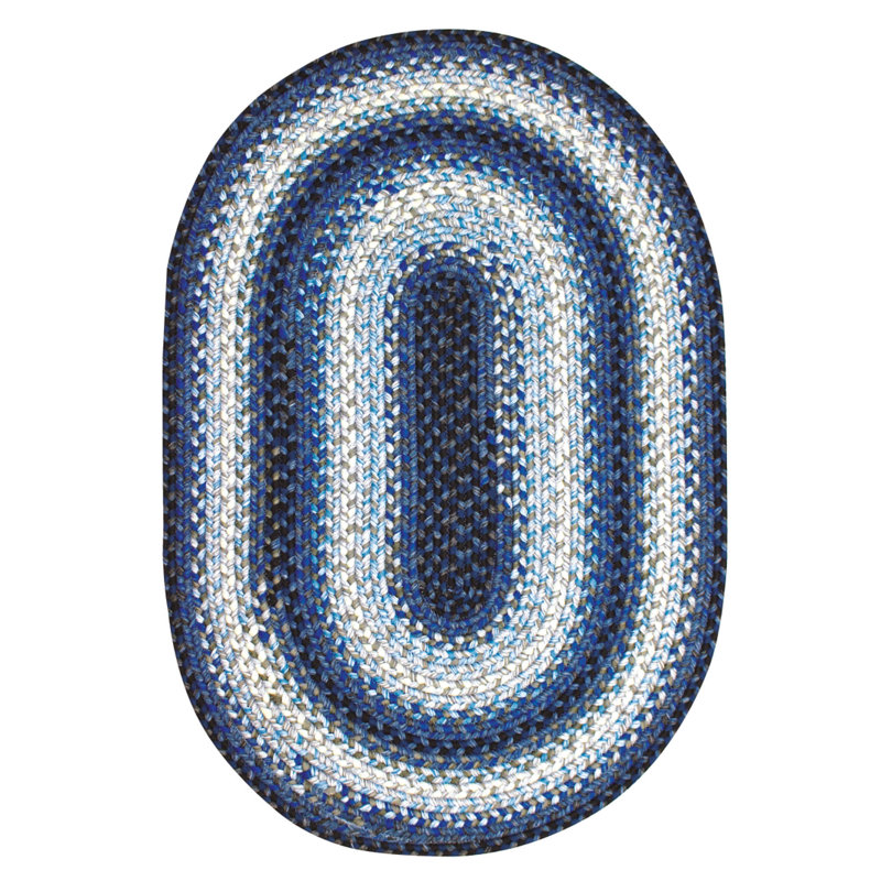  Washable Braided Rug Reversible Indoor/Outdoor Black/White/Ivory/Blue Rug, Oval 5' x 8'
