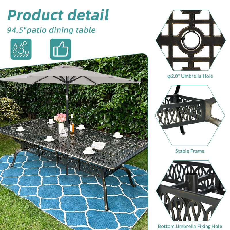 Dark Bronze 9-Piece Cast Aluminum Outdoor Dining Set with Umbrella Hole