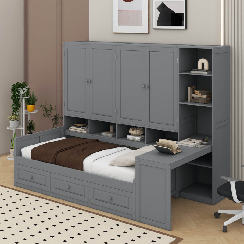 Twin Size Wooden Daybed With Three Drawers, All-In-One Cabinet, Desk And Shelves, Gray, Twin