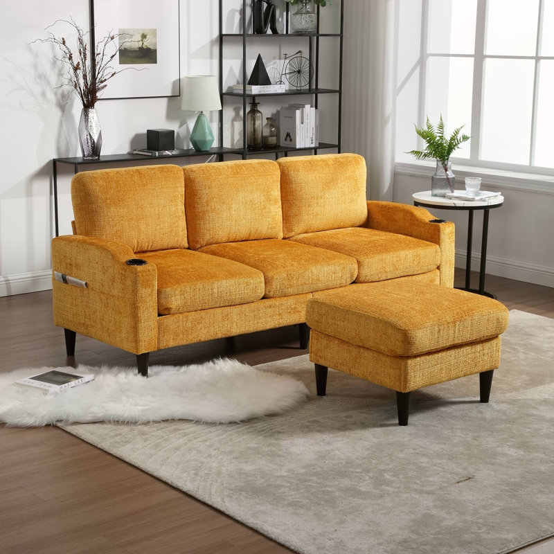 Canapé pour trois personnes, structure en bois massif, tissu chenille, poche latérale, avec deux porte-gobelets, repose-pieds avec rangement et canapé de salon Canapé modulaire confortable
