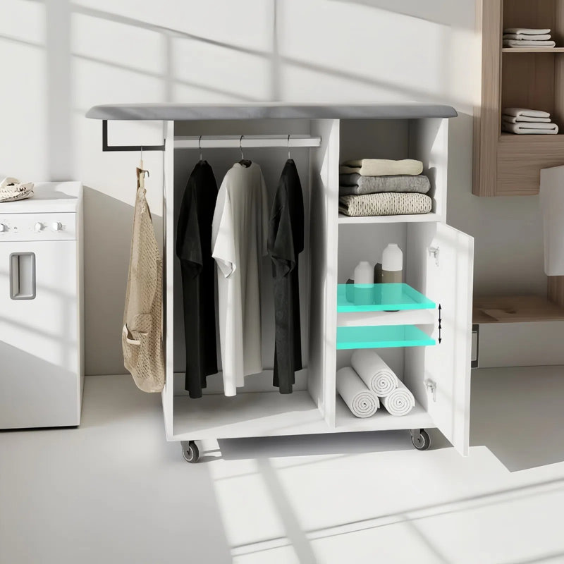 Foldable Ironing Board Cart On Wheels - Space-Saving Rolling Ironing Station With Storage Shelf
