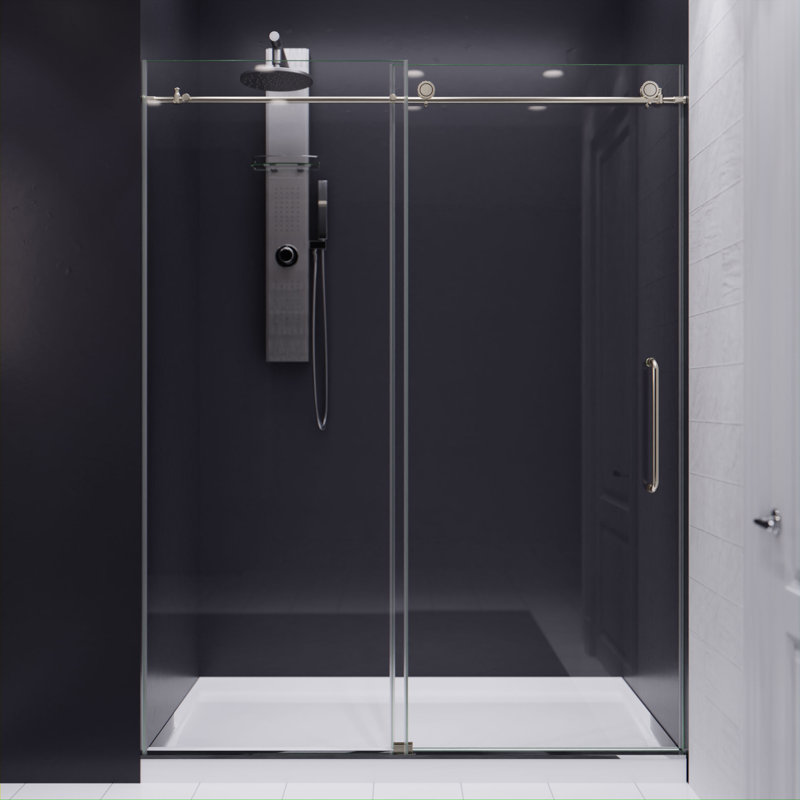 Leon 56"-60" W x 76" H Single Sliding Frameless Shower Door with Tsunami Guard, Brushed Nickel