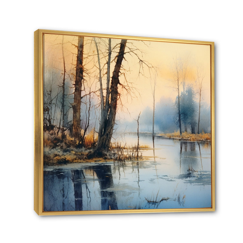 Été, paysage de lac, Illustration IV - Paysages, art mural, salon, 24" H x 24" W, Cadre flottant doré