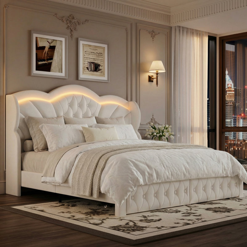 Mouad Velvet Upholstered Bed with Storage and LED Lights, Beige, King