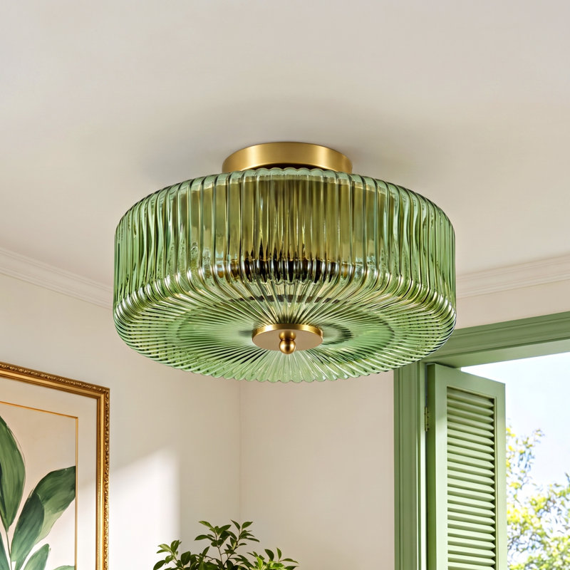 Plafonnier semi-encastré 3 lumières 11,8 po avec abat-jour en verre rayé transparent, Green