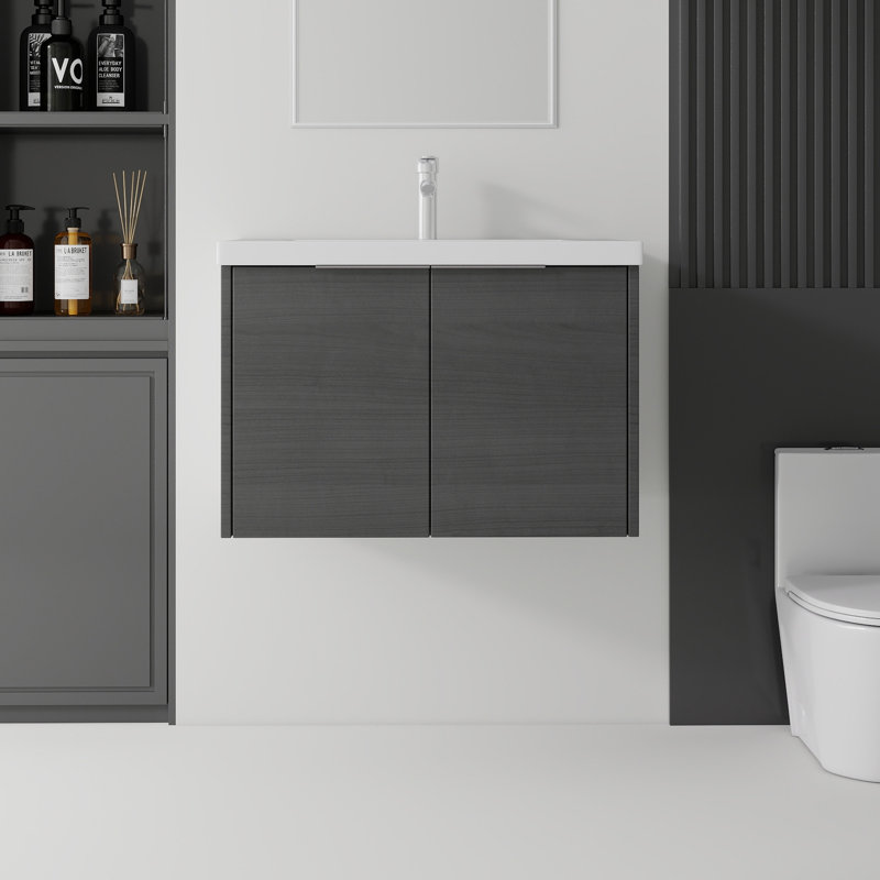 Meuble-lavabo flottant avec lavabo, Gris, L 30 po