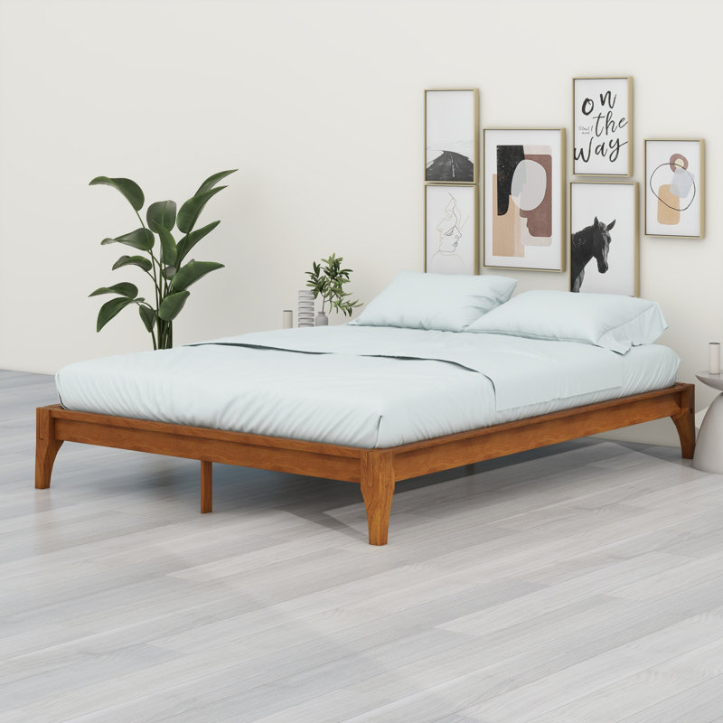 Base de lit plateforme en bois avec support en lattes de bois, Brun