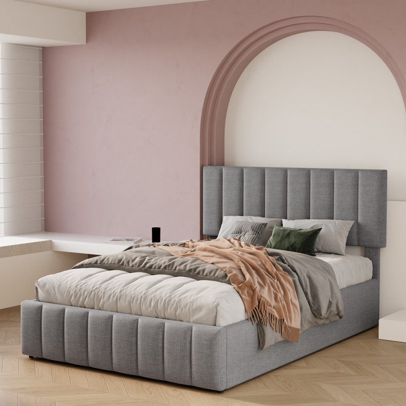 Juhi Upholstered Tufted Linen Platform Bed with Lift-up Storage and Reinforced Slat Support, Full, Gray