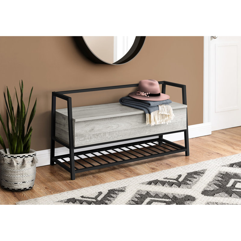 Banc rectangulaire gris en stratifié de 42 po avec des sangles en métal noir pour le rangement et le couloir modernes