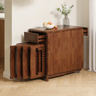 Fully Assembled Solid Wood Folding Dining Table With 4 Chairs, Walnut Finish, 2 Drawers And Casters Fast Dispatch From UK Warehouse – Dispatched Within 2 Days