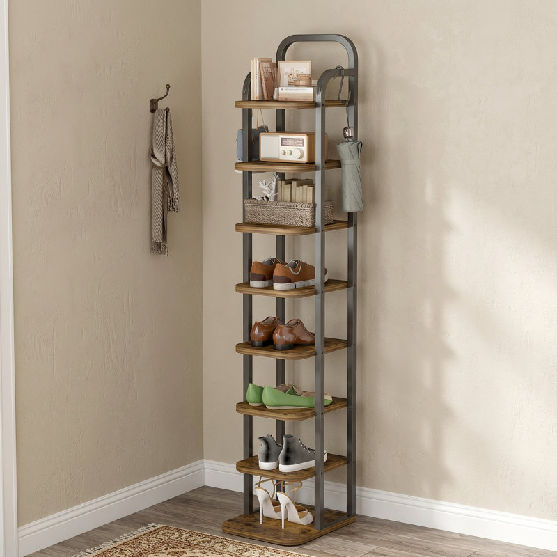 Tour à chaussures pour petits espaces, étagère à chaussures verticale haute 8 niveaux, étagère à chaussures étroite avec 2 crochets, tablettes réglables pour le salon du vestibule