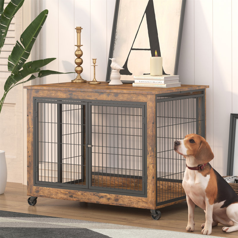 Table d'appoint pour chien sur roulettes avec portes doubles et plateau relevable, Brun, H 27,2 po x l 38,58 po x P 25,19 po