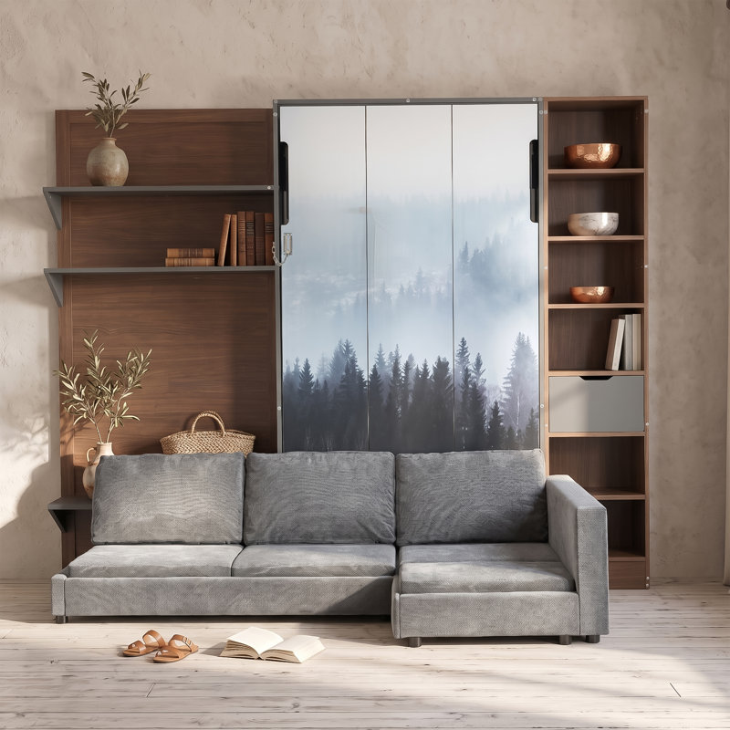 Lit escamotable une place avec canapé, armoire de rangement, étagères ouvertes, port de chargement USB et panneau paysage de montagne, lit mural gain de place