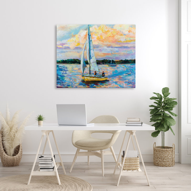 Paysage de voilier nautique vif par Jeanette Vertentes - peinture sur toile tendue, H 36 po x l 48 po x P 1,5 po