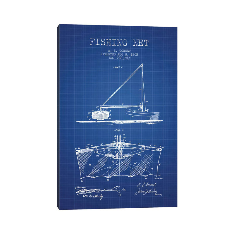 A.S. Cornet Fishing Net Patent Sketch (Blue Grid) by Aged Pixel - Wrapped Canvas Gallery-Wrapped Canvas Giclée
