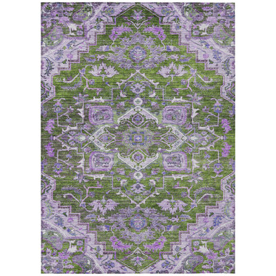 3' X 5' Olive Green And Purple Oriental Washable Indoor Outdoor Area Rug