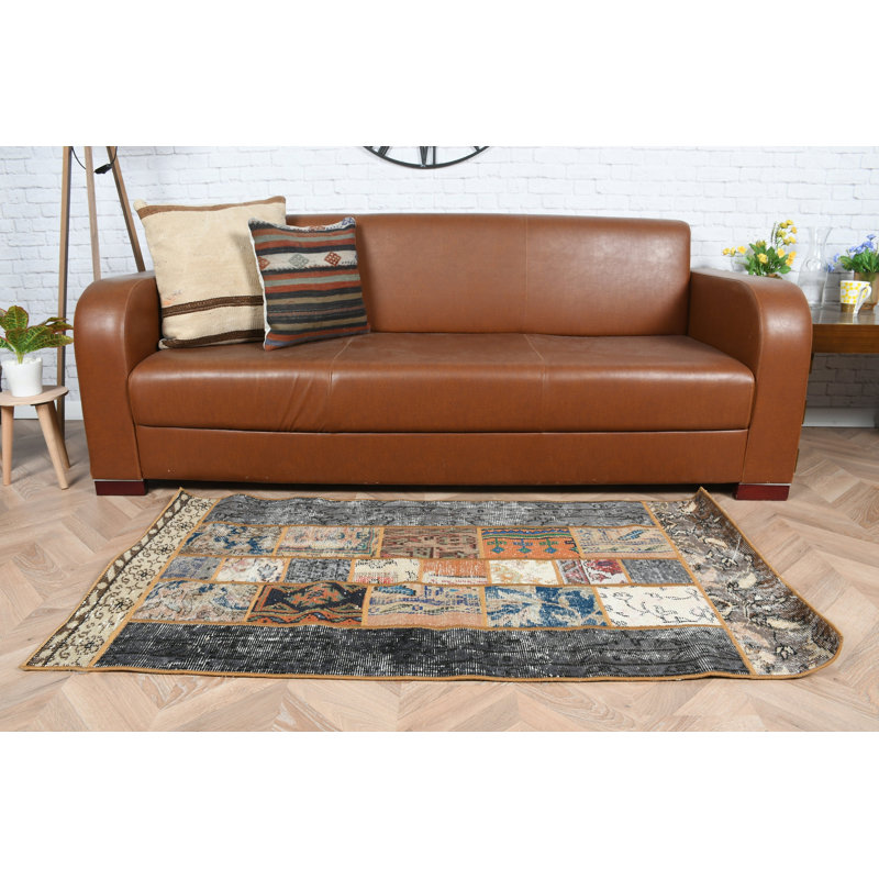 Handmade Vintage Turkish Rug In Patchwork Carpet Style With Oriental Wool Design For Rustic Home Decor And Antique Entryway Accent As Designer Floor Mat