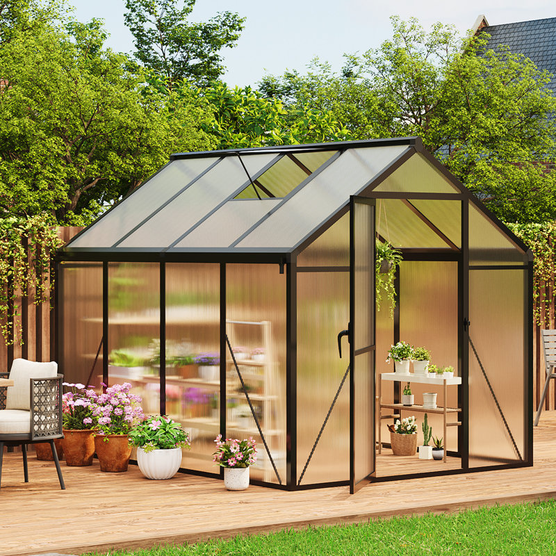 Greenhouse for Outdoor with Door, Green House with Polycarbonate Panel & Adjustable Roof Vent & Ground Nails, Black