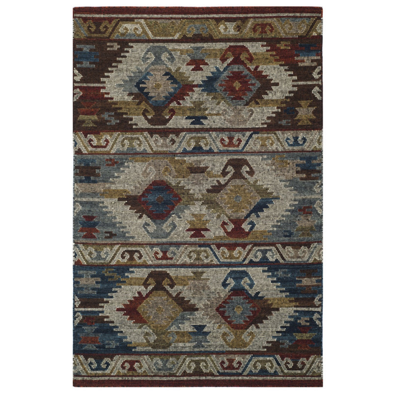 Elan Hand Woven Flat Weave Wool/Cotton Ikat Rug in Blue, Rectangle 4' x 6'