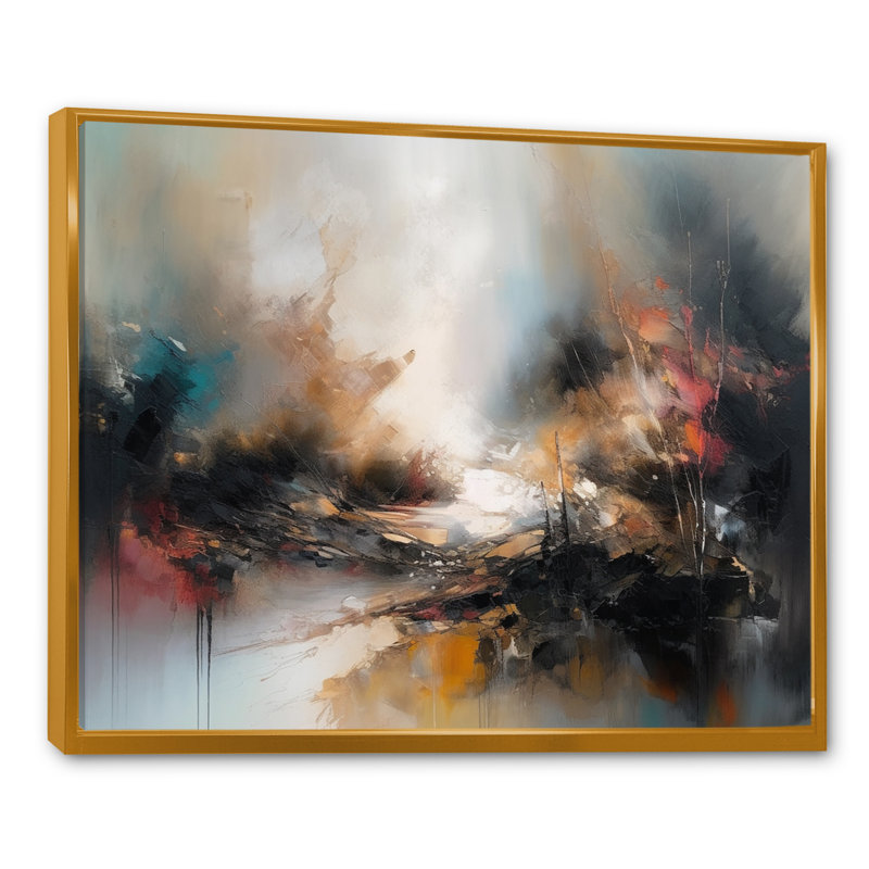 «Brown Abstracted Nature II», art abstrait sur toile, Cadre flottant doré, H 16 po x l 32 po x P 1 po