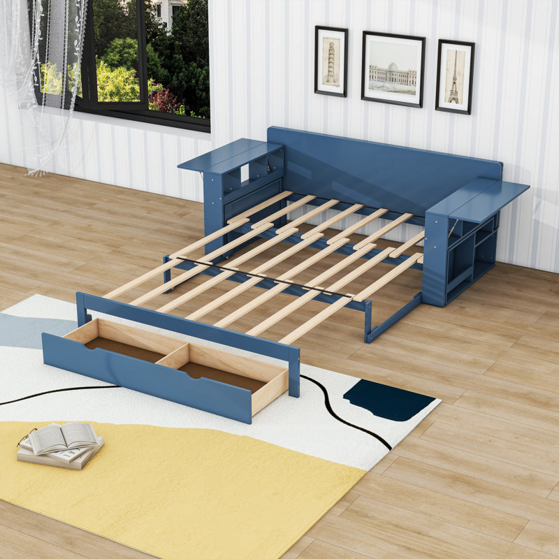 2 Drawers Daybed with Removable Desk and Side Shelves, Blue, Full/Double