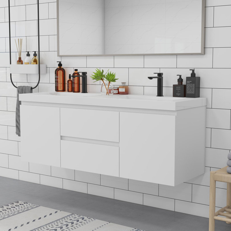 Meuble-lavabo de salle de bain avec tiroirs rembourrés, Blanc lustré