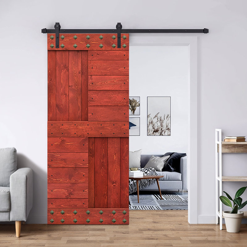 Porte de grange à panneaux en bois avec kit de quincaillerie d'installation et Clavos, 36 po x 84 po, Cherry Red