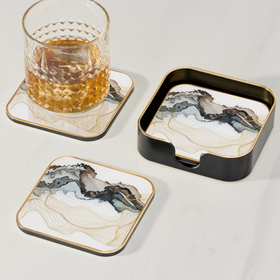 Aurielle Art Deco 4-Piece Coaster Set with Storage Holder For Drinks